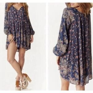 Free People Boho Romantic S Floral Mini Dress Blue Peasant Cottagecore Flowy